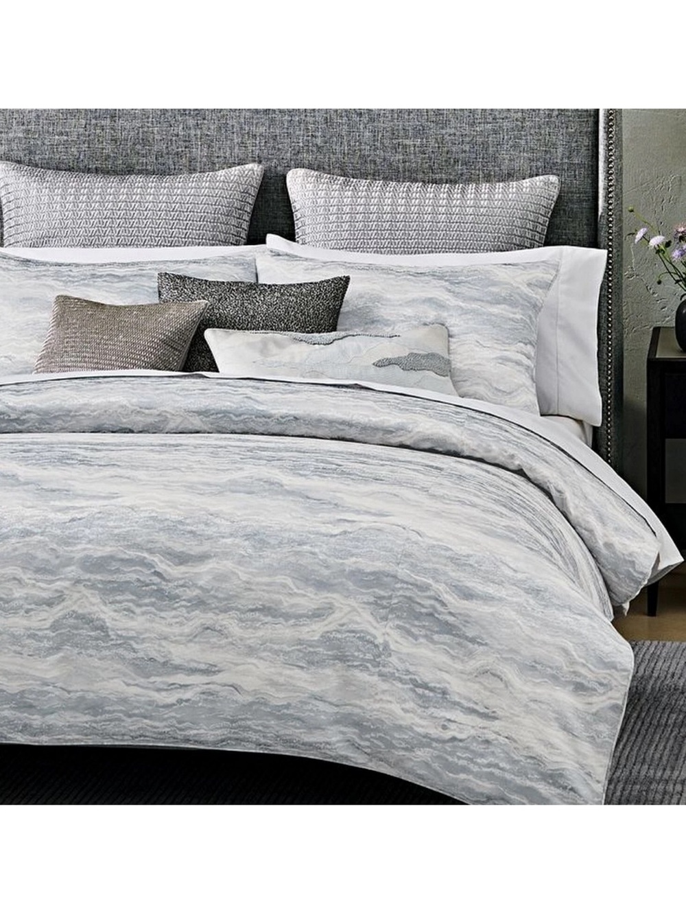 Hudson Park Collection "Marble Wave" King Comforter Duvet Cover Gray White